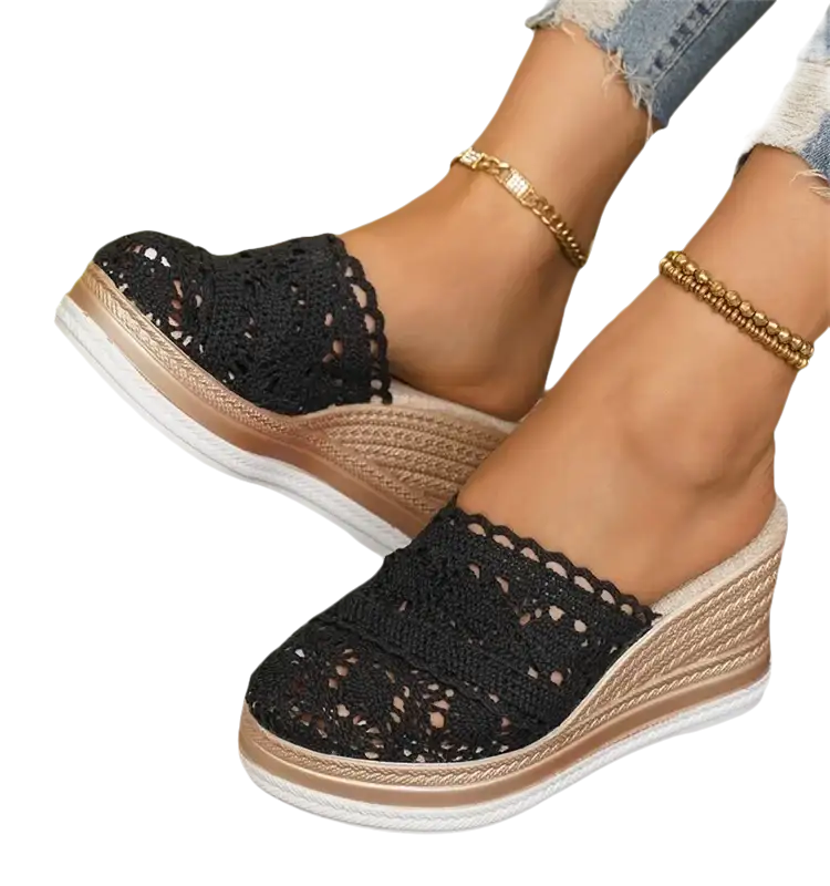 Black crochet wedge mules.