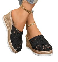 Black crochet wedge mules.