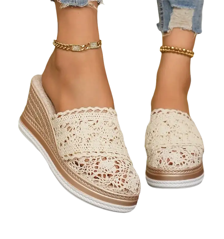 Lace-covered wedge mule.
