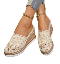 Lace-covered wedge mules.