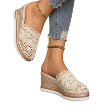Lace-covered wedge mule shoes.