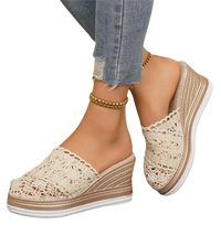 Lace-covered wedge mule shoes.