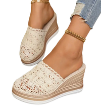 Lace wedge mule sandals.