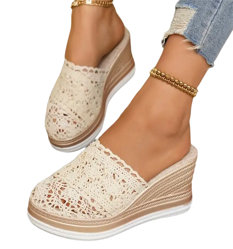Lace wedge mule sandals.