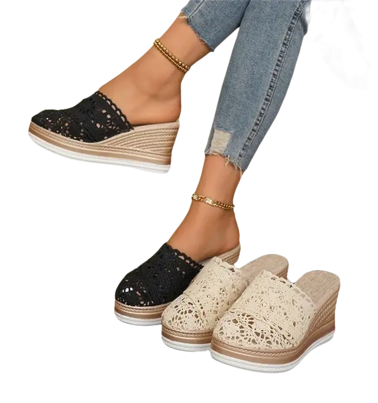 Wedge-heeled crochet mules.