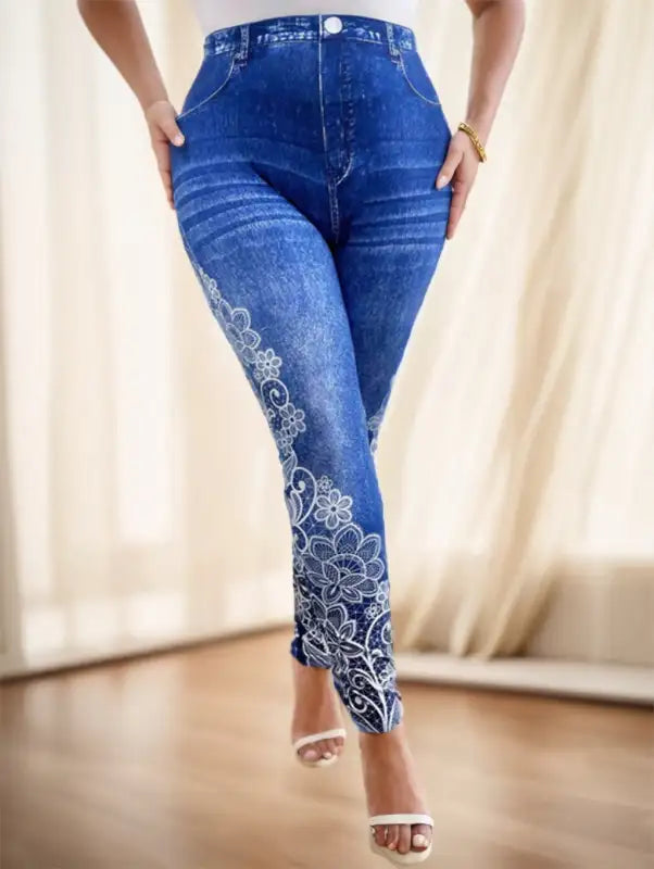 Sweet Floral Printed Denim Dreams Leggings