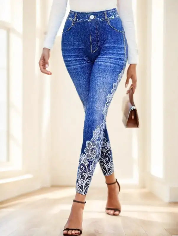 Sweet Floral Printed Denim Dreams Leggings