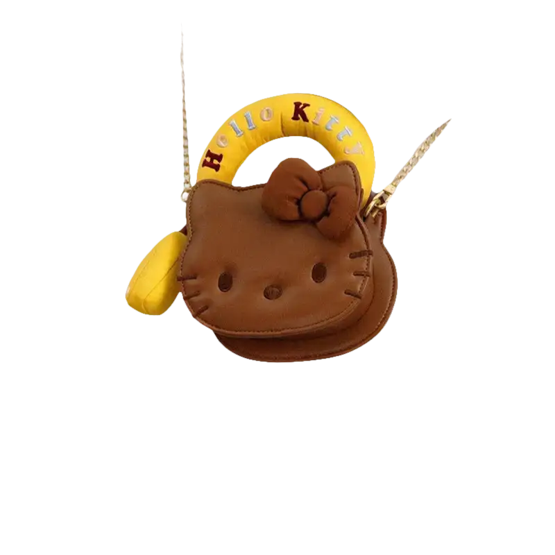 Brown Hello Kitty purse with yellow handle.