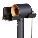 Hair dryer in a wall-mounted holder with dimensions.