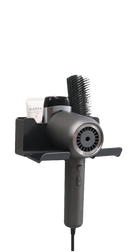 Hair dryer holder with accessories.