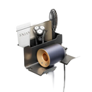 Wall-mounted hair dryer and accessories organizer.