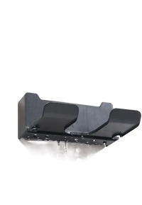 Gray hair dryer shelf with drain holes.