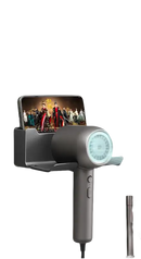 Gray hair dryer and phone holder.