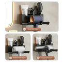 Wall-mounted hair dryer holder with compartments.