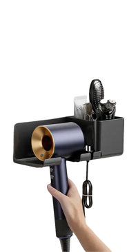 Wall-mounted hair dryer rack.