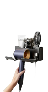 Wall-mounted hair dryer holder with storage shelf.