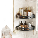 Two-tiered corner bathroom shelves.