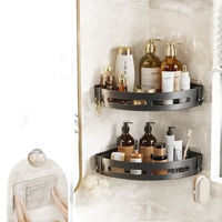 Two-tiered corner bathroom shelves.