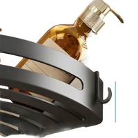 Black shower caddy with hooks.
