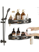 Two-tiered black corner shower caddy.