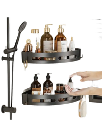 Two-tiered black corner shower caddy.