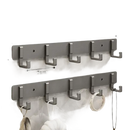 Silver-colored, five-hook wall-mounted racks.