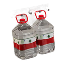 Two large water jugs hanging on a metal hook rack.