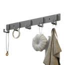 Gray wall-mounted coat rack with hanging accessories.