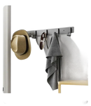 Wall-mounted coat rack with hat, sunglasses, and towel.