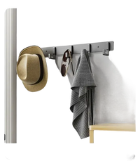 Wall-mounted coat rack with hat, sunglasses, and towel.
