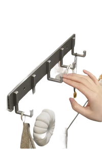 Gray wall-mounted coat rack with multiple hooks.