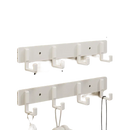 Two white, four-hook wall racks with dimensions.