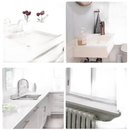 Collage of bathroom and kitchen interiors.