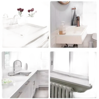Collage of bathroom and kitchen interiors.