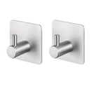 Two brushed metal adhesive hooks.