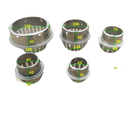Graduated set of metal drain strainers with dimensions.