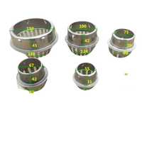 Graduated set of metal drain strainers with dimensions.