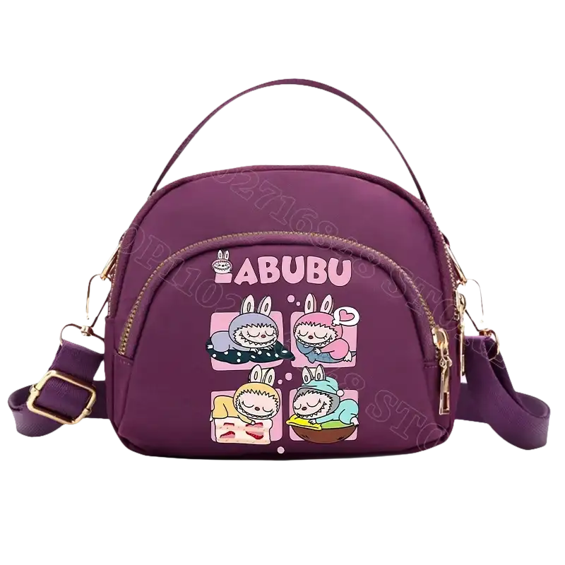 Purple cartoon-decorated handbag.