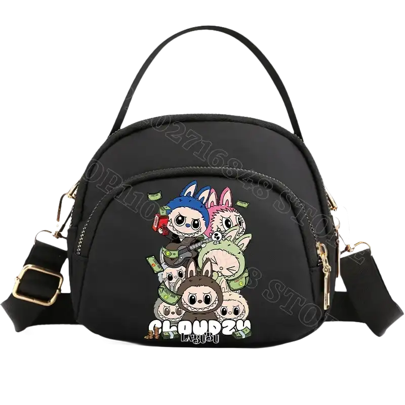 Black cartoon-printed handbag.