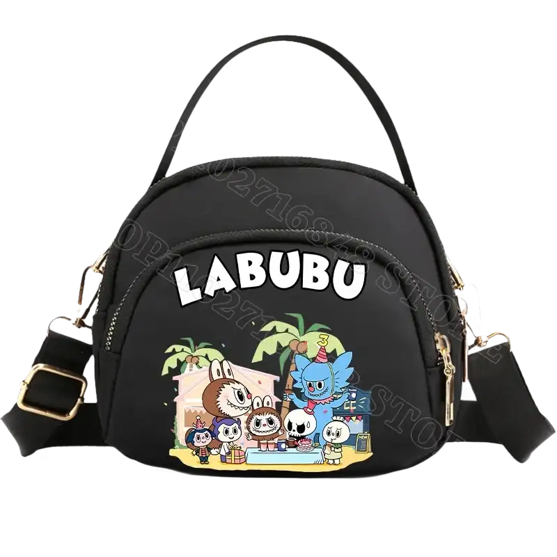 Black cartoon-themed handbag.