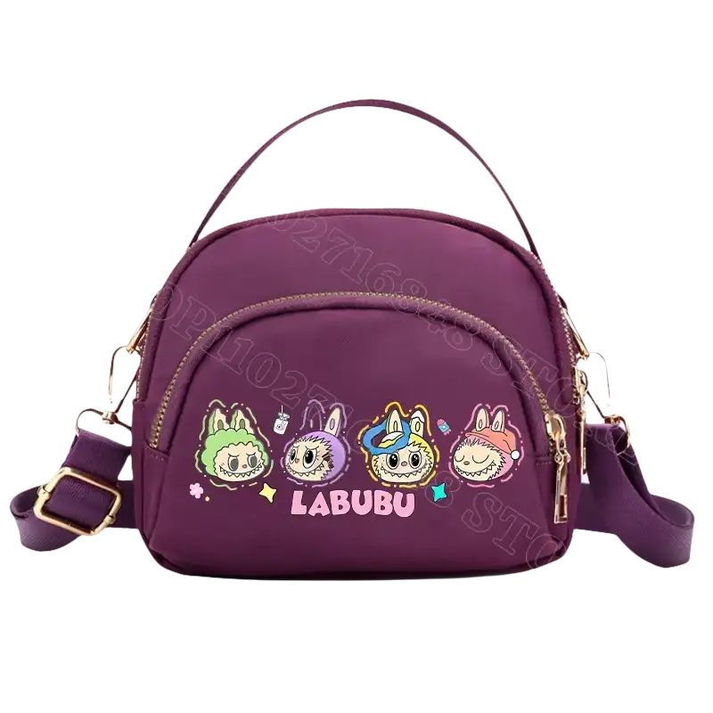 Purple cartoon-decorated handbag.