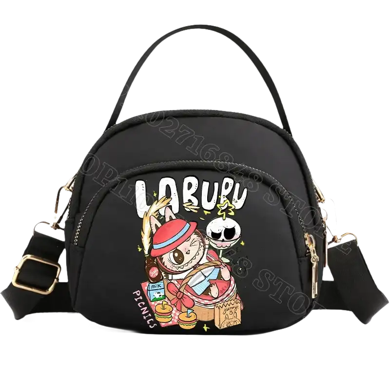 Black cartoon-printed handbag.