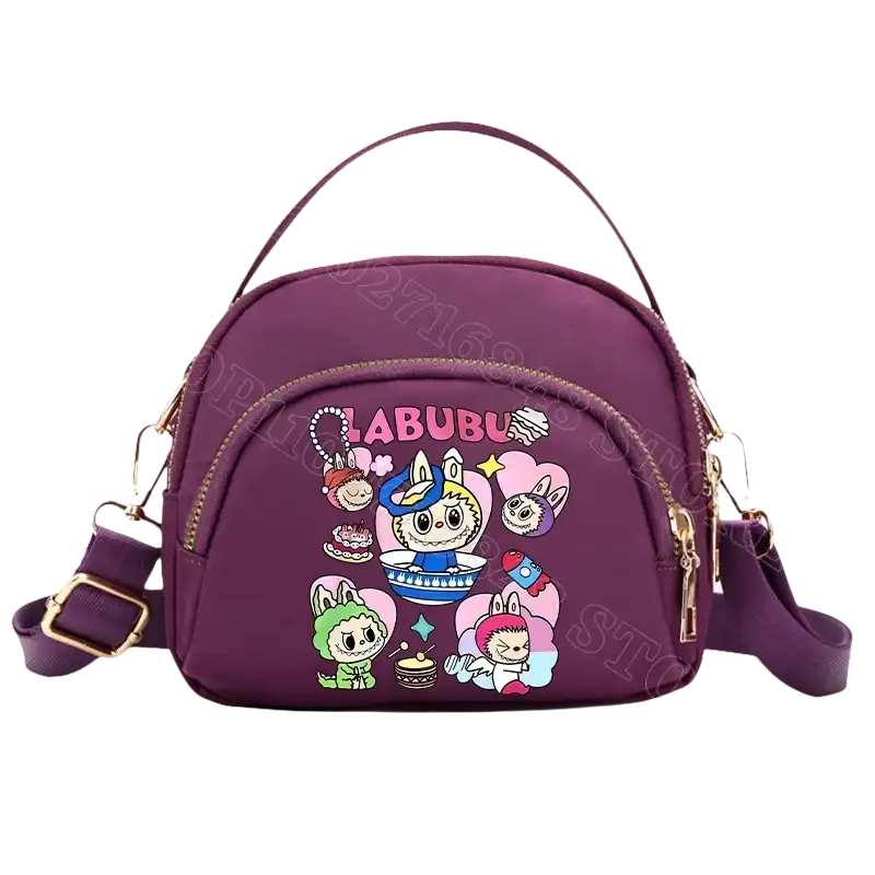 Purple cartoon-decorated handbag.