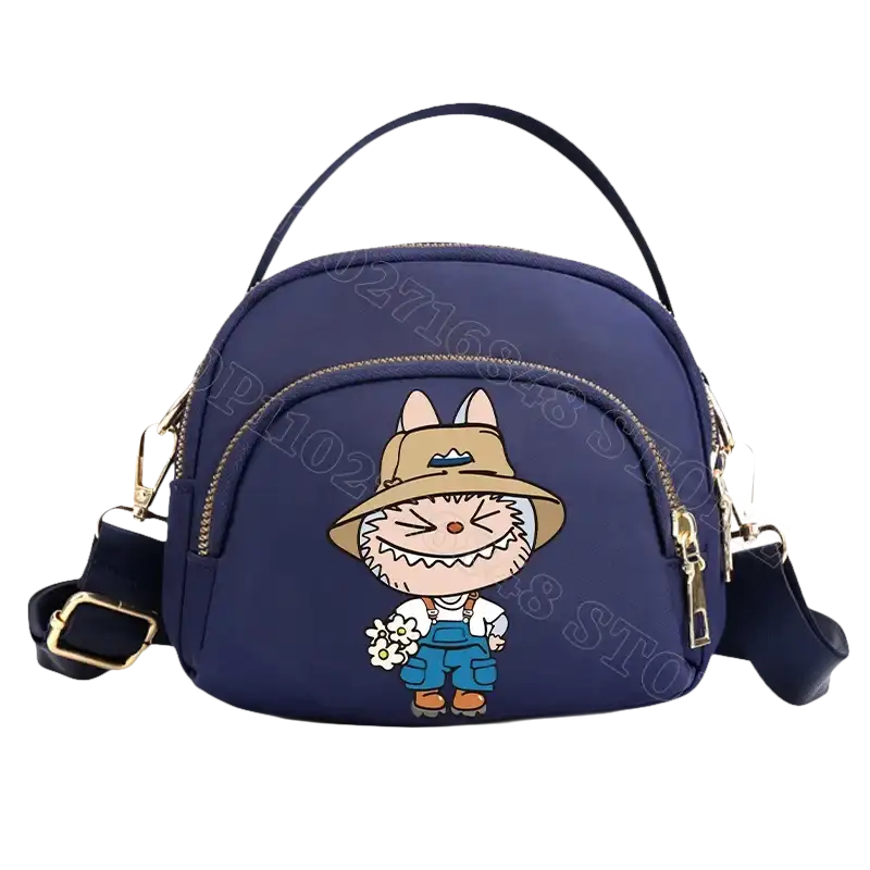 Navy blue cartoon character handbag.
