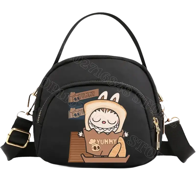 Black cartoon-themed handbag.