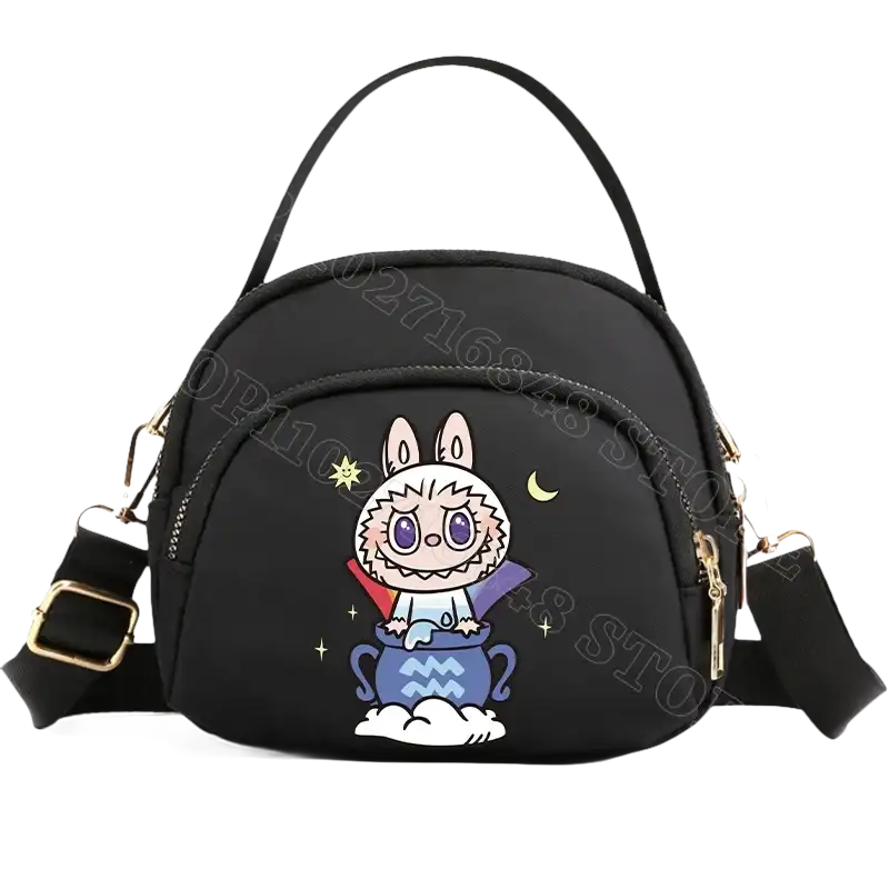 Black cartoon-decorated handbag.