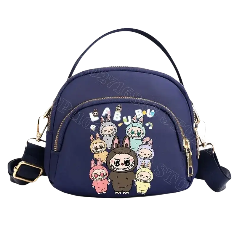 Navy blue cartoon-themed handbag.