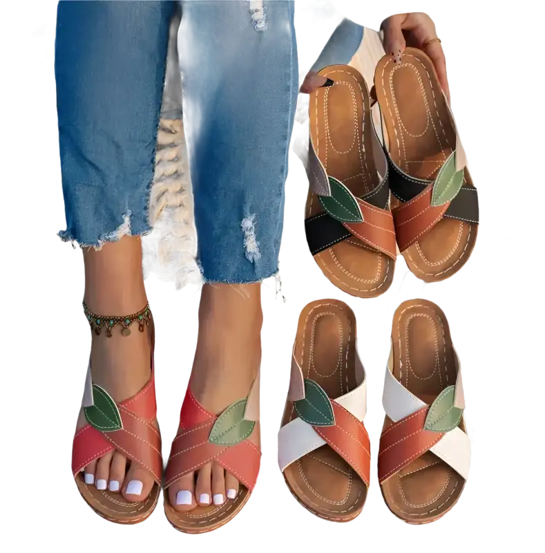 Colorful leaf-accented crisscross sandals.