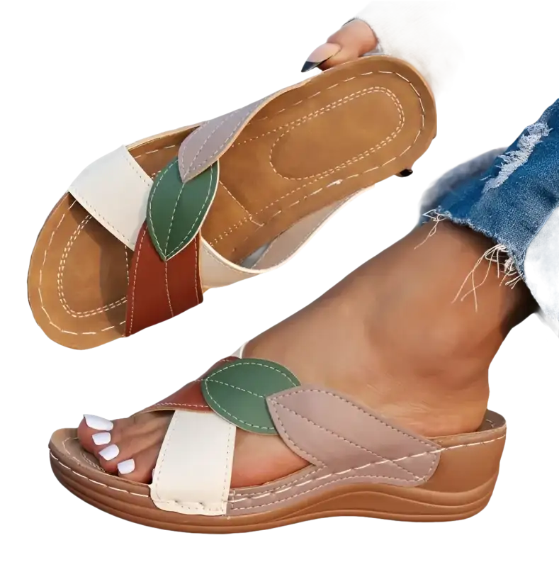 Leaf-accented, multi-colored women’s sandals.