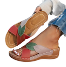 Leaf-accented, colorful women’s sandals.